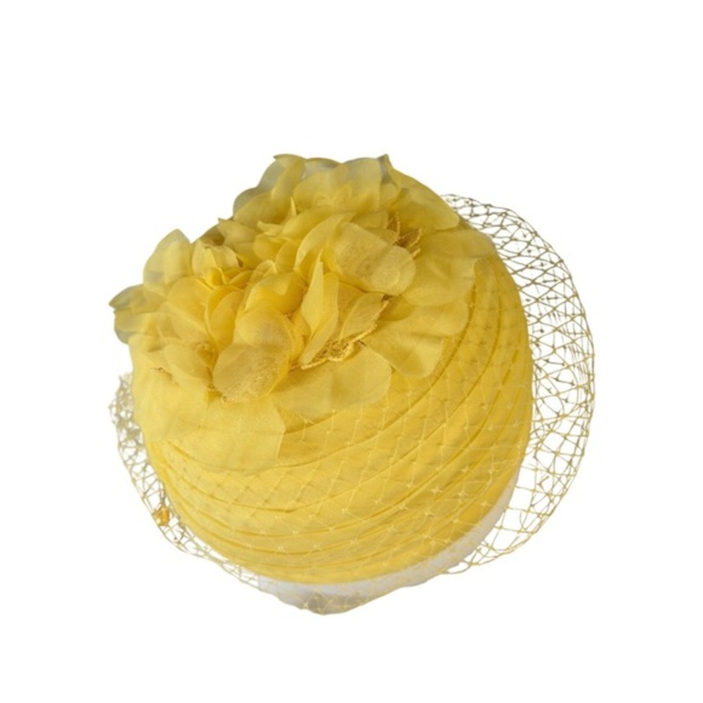 Vintage 60s Yellow Pillbox Hat with Floral Daisy Lace & Veil Fascinator JS - Picture 3 of 10